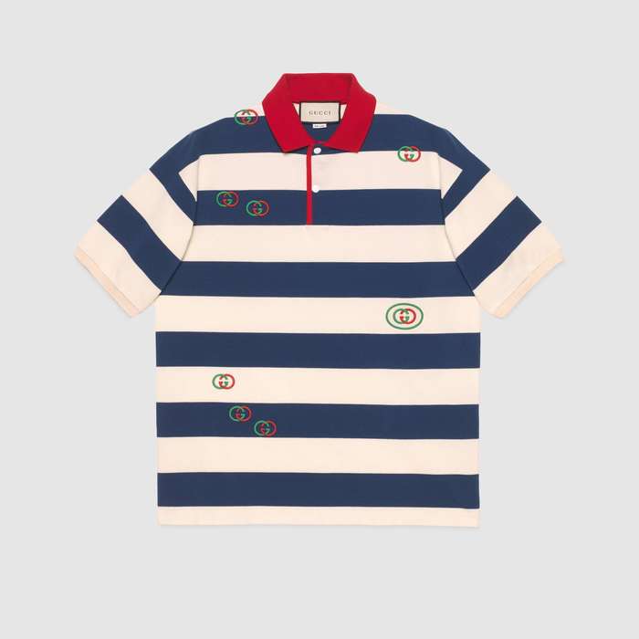 유럽직배송 구찌 GUCCI Embroidered striped jersey polo 581976XJA6H4594