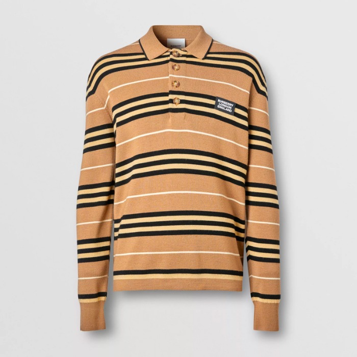 유럽직배송 버버리 남성 롱슬리브 아이콘 스트라이프 메리노 울 폴로셔츠 웜 월넛 BURBERRY Man Long-sleeve Icon Stripe Merino Wool Polo Shirt 80237191