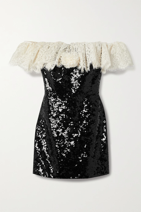 유럽직배송 생로랑 미니원피스 SAINT LAURENT Off-the-shoulder lace-trimmed sequined crepe mini dress 22527730566256436