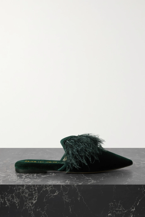 유럽직배송 올리비아본할 슬리퍼 OLIVIA VON HALLE Contessa feather-trimmed velvet slippers 22250442026383178