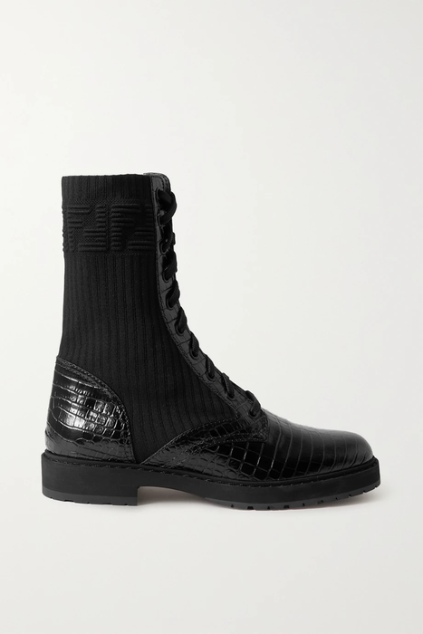 유럽직배송 펜디 앵클부츠 FENDI Biker ribbed-knit and croc-effect patent-leather ankle boots 24772899113507794