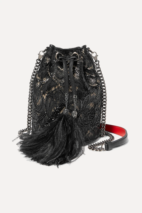 유럽직배송 크리스찬루부탱 버킷백 CHRISTIAN LOUBOUTIN Marie Jane feather and leather-trimmed crystal-embellished lace bucket bag 2499567818788354