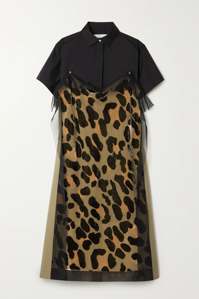 유럽직배송 사카이 셔츠원피스 SACAI Tulle-trimmed flocked leopard-print voile and cotton-poplin midi shirt dress 34344356237104771