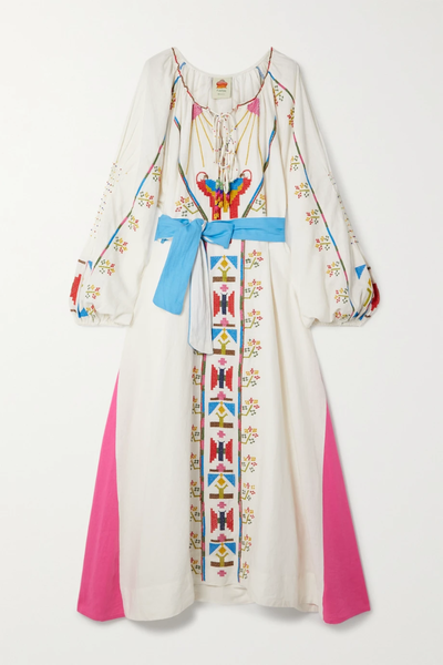 유럽직배송 팜리오 원피스 FARM RIO Belted bead-embellished embroidered linen-blend poplin maxi dress 42247633207906433