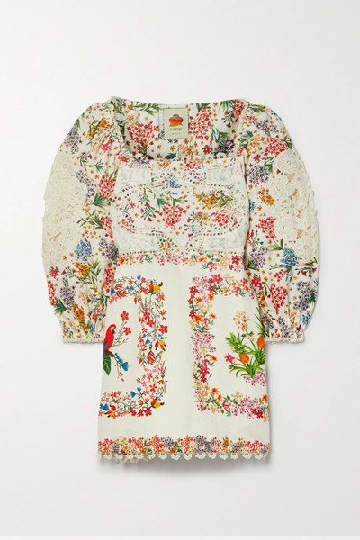 유럽직배송 팜리오 미니원피스 FARM RIO Guipure lace-trimmed floral-print linen-blend voile mini dress 38063312420578426