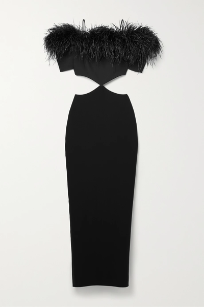 유럽직배송 RASARIO Off-the-shoulder cutout feather-embellished crepe maxi dress 43769801095846640