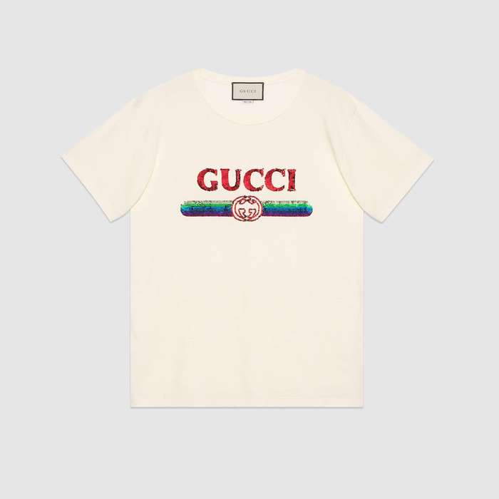 유럽직배송 구찌 GUCCI Oversize T-shirt with sequin Gucci logo 492347XJARM7136