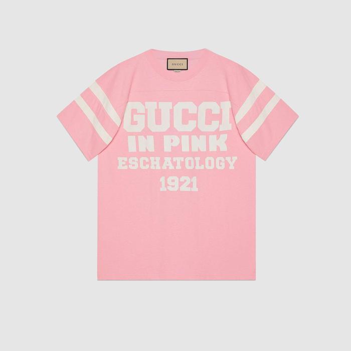 유럽직배송 구찌 GUCCI Gucci - T-shirt with &#039;25 Gucci Eschatology in Pink 1921&#039; print 655459XJDLY5904