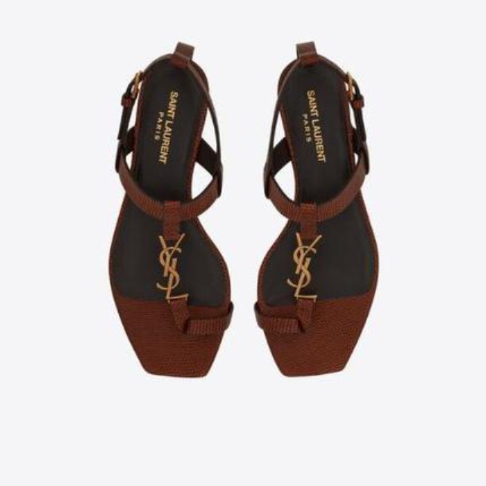 유럽직배송 입생로랑 SAINT LAURENT cassandra flat sandals in lizard-embossed shiny leather with bronze-tone monogram 6324462Y9DD2502
