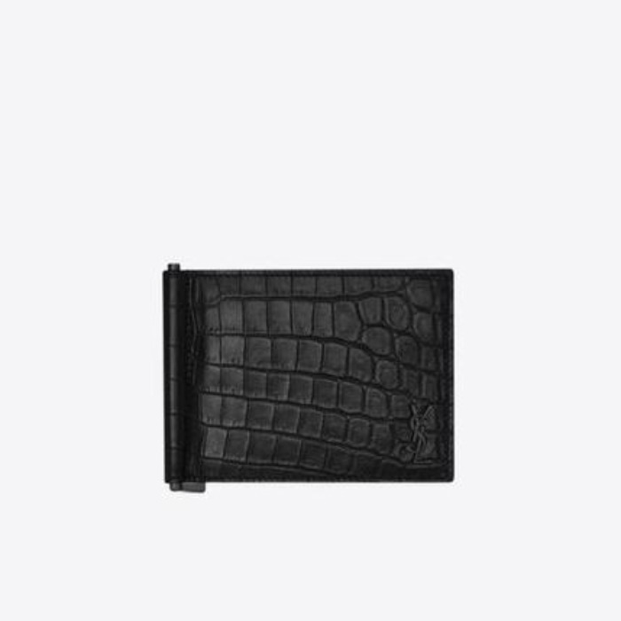 유럽직배송 입생로랑 머니클립 SAINT LAURENT tiny monogram bill clip wallet in crocodile-embossed leather 607738DZEDU1000
