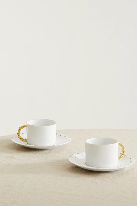 유럽직배송 L&#039;OBJET Perlée set of two gold-plated porcelain teacup and saucers 11452292647025983