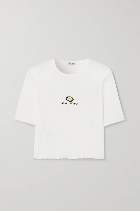 유럽직배송 미우미우 MIU MIU Embroidered ribbed cotton-jersey T-shirt 17428787259404328