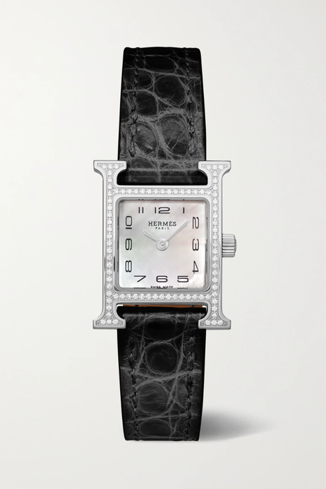 유럽직배송 HERMÈS TIMEPIECES Heure H 17.2mm very small stainless steel, alligator, mother-of-pearl and diamond watch 25185454456523481