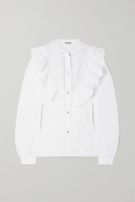 유럽직배송 미우미우 MIU MIU Crystal-embellished ruffled cotton-poplin blouse 1890828705571331