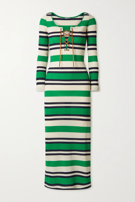 유럽직배송 미우미우 MIU MIU Lace-up striped ribbed-knit midi dress 17957409491486854