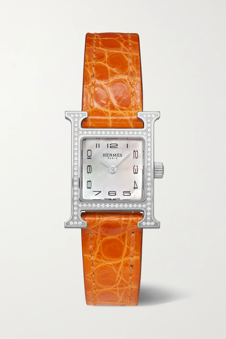 유럽직배송 HERMÈS TIMEPIECES Heure H 17.2mm very small stainless steel, alligator, mother-of-pearl and diamond watch 25185454456522904