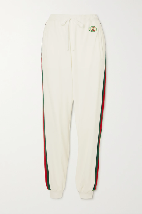 유럽직배송 구찌 트랙팬츠 GUCCI Appliquéd striped velvet and cotton-blend jersey tapered track pants 29419655932660594