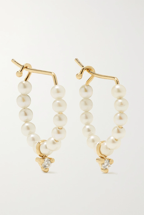 유럽직배송 미즈키 귀걸이 MIZUKI 14-karat gold, pearl and diamond hoop earrings 4394988609284082