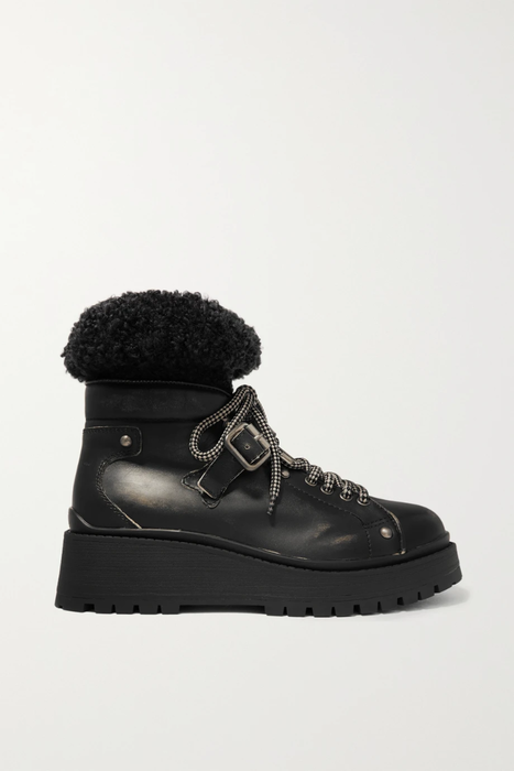 유럽직배송 미우미우 MIU MIU Shearling-trimmed leather ankle boots 1890828707117576