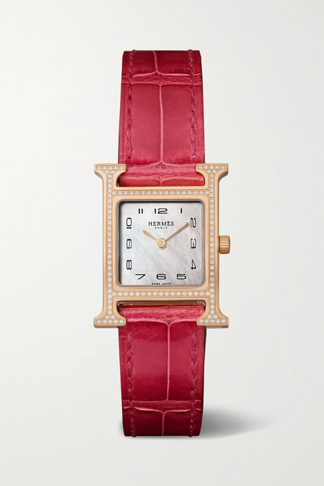 유럽직배송 HERMÈS TIMEPIECES Heure H 21mm 18-karat rose gold, alligator, mother-of-pearl and diamond watch 25185454456523487