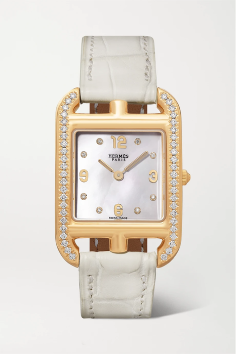 유럽직배송 HERMÈS TIMEPIECES Cape Cod 23mm small 18-karat gold, alligator, mother-of-pearl and diamond watch 25185454456470396