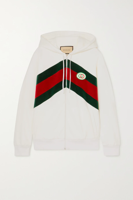 유럽직배송 구찌 후드집업 GUCCI Appliquéd striped velvet and cotton-blend jersey hoodie 29419655932642778
