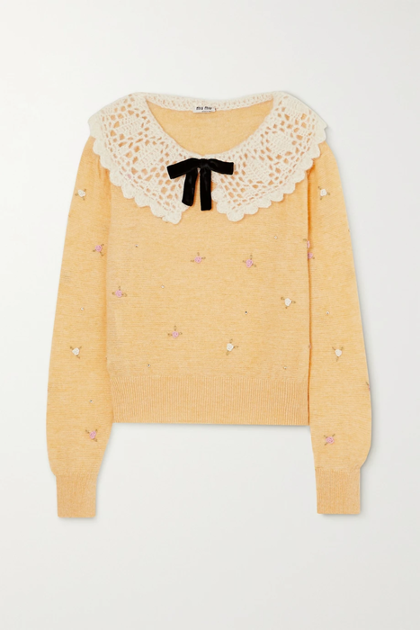 유럽직배송 미우미우 MIU MIU Crochet and velvet-trimmed embellished wool sweater 31432202865463992