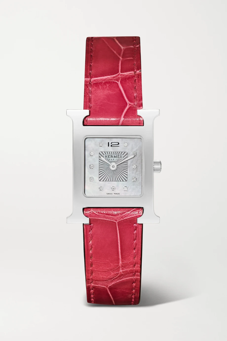 유럽직배송 HERMÈS TIMEPIECES Heure H 21mm small stainless steel, alligator, diamond and mother-of-pearl watch 32027475400285763