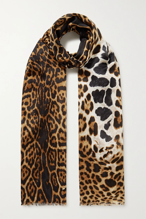 유럽직배송 생로랑 SAINT LAURENT Fringed leopard-print silk scarf 8008779905612752