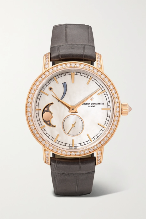 유럽직배송 바쉐론콘스탄틴 VACHERON CONSTANTIN Traditionnelle 36mm 18-karat pink gold, alligator, diamond and mother-of-pearl watch 19971654707004435