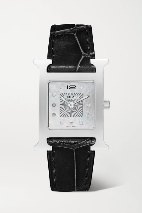 유럽직배송 HERMÈS TIMEPIECES Heure H 26mm stainless steel, alligator, diamond and mother-of-pearl watch 32027475400285769