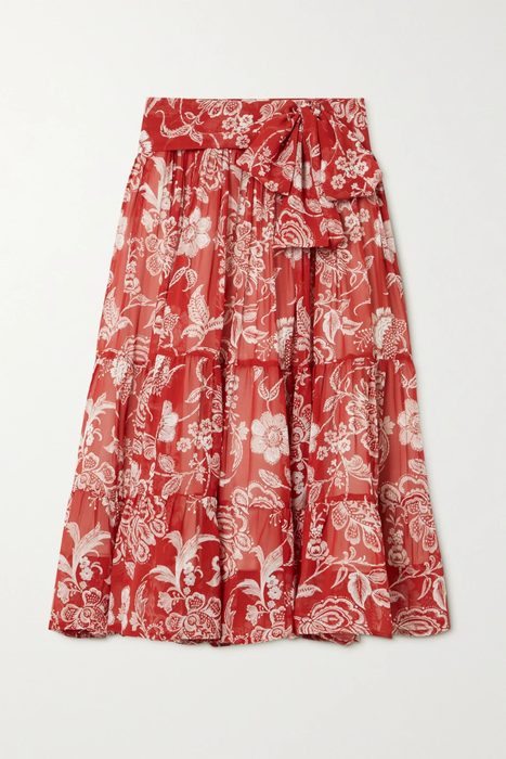 유럽직배송 EVARAE Obi tiered floral-print silk-georgette midi skirt 24772899113491682