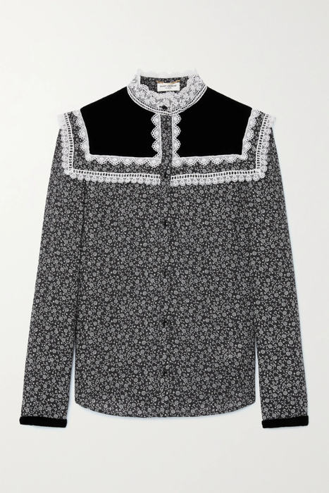 유럽직배송 생로랑 SAINT LAURENT Lace-trimmed velvet and floral-print wool-twill blouse 11452292647120500