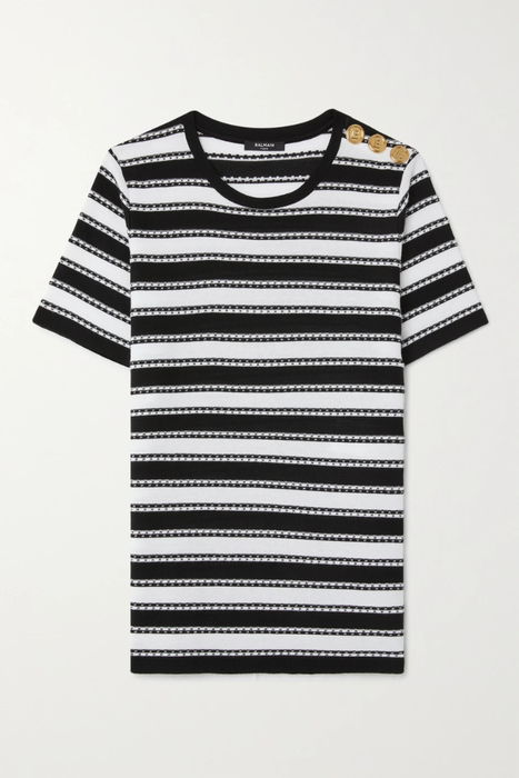 유럽직배송 발망 BALMAIN Button-embellished striped organic cotton-blend jersey T-shirt 22250442026131159