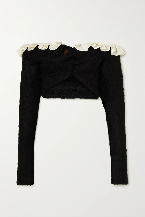 유럽직배송 AAIZÉL + NET SUSTAIN off-the-shoulder cropped ruffled TENCEL-trimmed bouclé-knit cardigan 24665545640521209