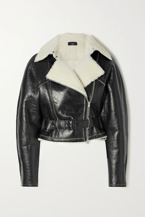 유럽직배송 알라이아 ALAÏA Shearling-lined crinkled glossed-leather biker jacket 11452292646006900