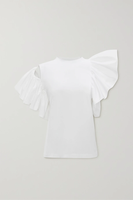 유럽직배송 알렉산더맥퀸 ALEXANDER MCQUEEN Asymmetric cotton-jersey and ruffled taffeta T-shirt 25185454456129501
