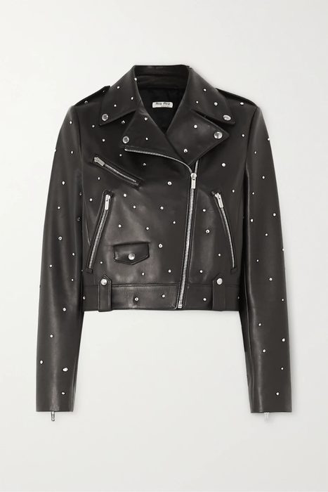 유럽직배송 미우미우 MIU MIU Crystal-embellished cropped leather biker jacket 17428787259404309