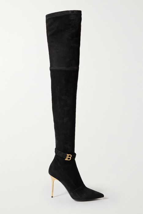 유럽직배송 발망 BALMAIN Raven logo-embellished stretch-suede over-the-knee boots 9649229528649530