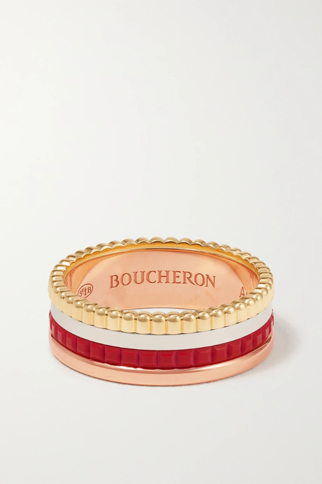 유럽직배송 BOUCHERON Quatre Red Edition Small 18-karat yellow, white and rose gold and ceramic ring 11452292645161184