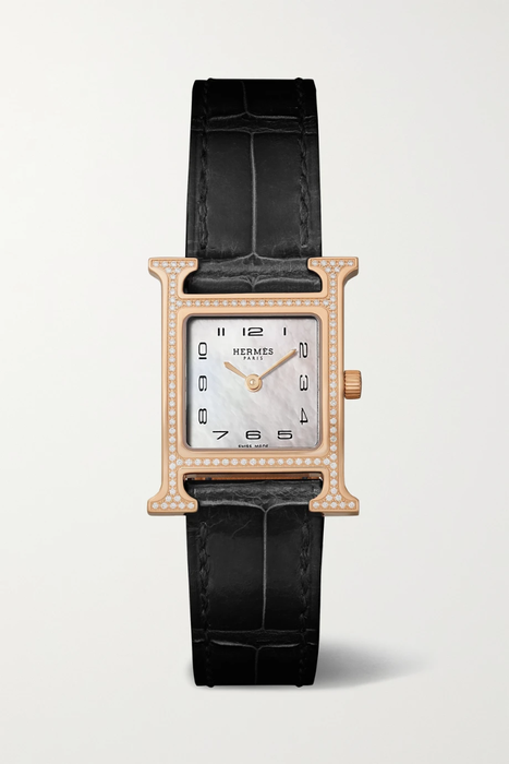 유럽직배송 HERMÈS TIMEPIECES Heure H 21mm small 18-karat rose gold, alligator, mother-of-pearl and diamond watch 25185454456521525