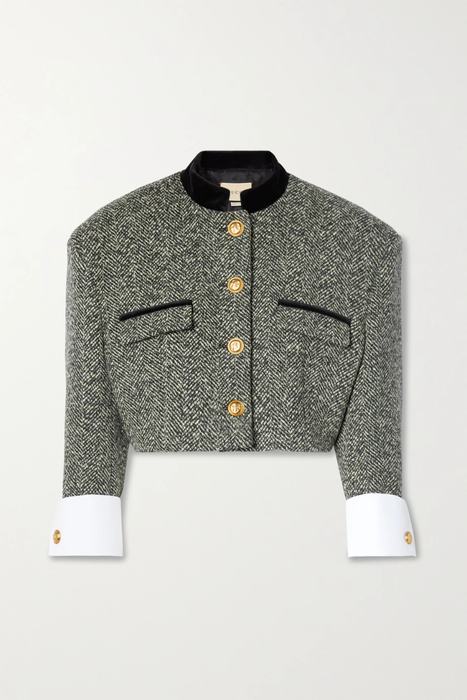 유럽직배송 구찌 GUCCI Aria cropped cotton and velvet-trimmed herringbone wool-blend jacket 29419655932642656