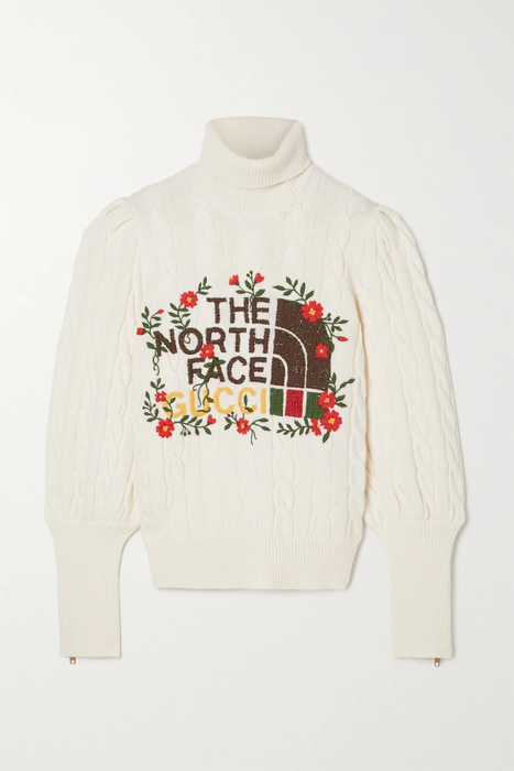 유럽직배송 구찌 GUCCI + The North Face embroidered cable-knit wool turtleneck sweater 29419655932642559