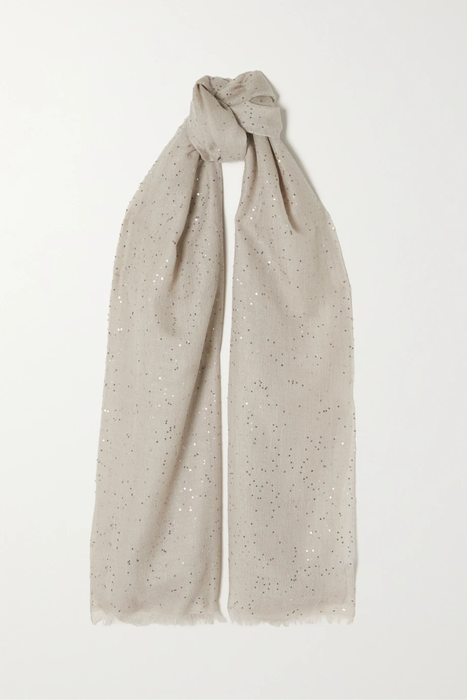 유럽직배송 브루넬로쿠치넬리 스카프 BRUNELLO CUCINELLI Frayed sequin-embellished cashmere and silk-blend scarf 32027475399349102