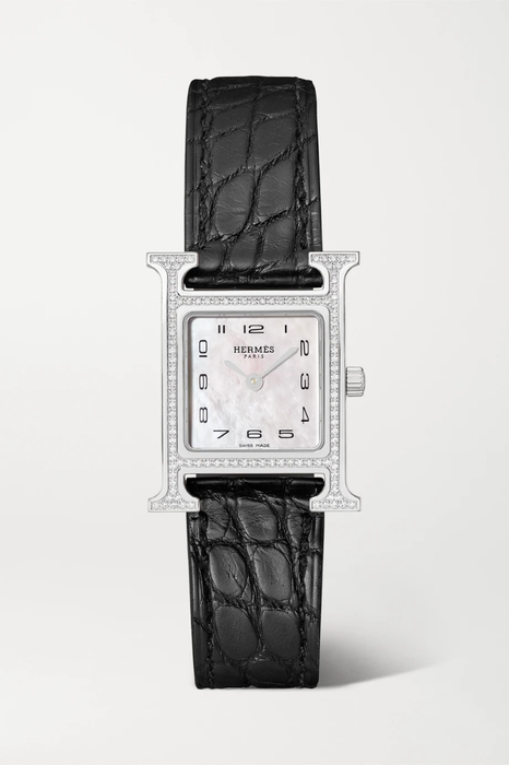 유럽직배송 HERMÈS TIMEPIECES Heure H 21mm small stainless steel, alligator, diamond and mother-of-pearl watch 25185454456521539
