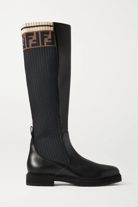 유럽직배송 펜디 FENDI Logo-jacquard stretch-knit and leather knee boots 31432202865202825