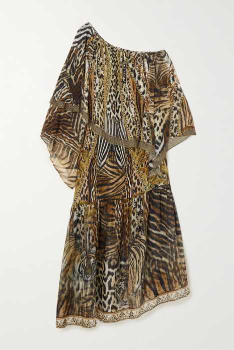 유럽직배송 카밀라 원피스 CAMILLA One-sleeve embellished animal-print silk-chiffon dress 27086482324427321