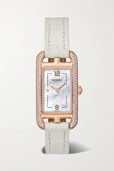 유럽직배송 HERMÈS TIMEPIECES Nantucket 17mm very small 18-karat rose gold, alligator, mother-of-pearl and diamond watch 25185454456521517