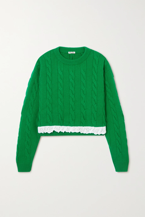 유럽직배송 미우미우 MIU MIU Cropped broderie anglaise-trimmed cable-knit cashmere sweater 31432202865463562