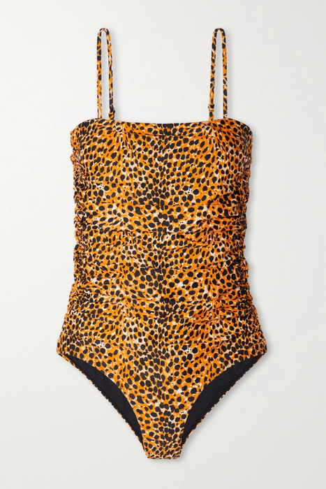 유럽직배송 가니 GANNI Ruched cheetah-print recycled swimsuit 24772899113597146